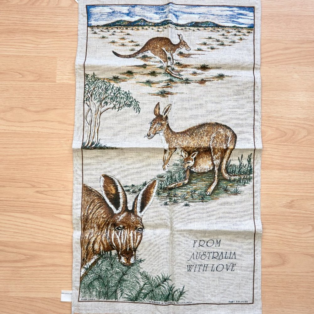 Vintage From Australia with Love Print Linen Tea Towel, Made in Poland